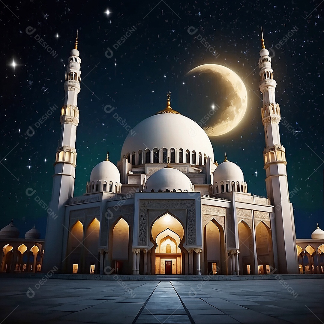 Padrão bela mesquita islâmica espaço vazio noite luzes da lua