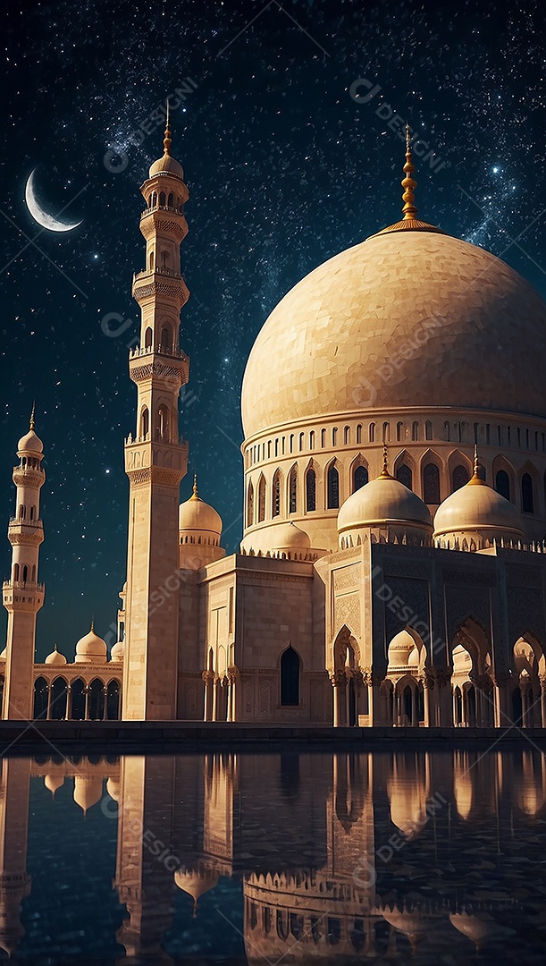 Padrão bela mesquita islâmica espaço vazio noite luzes da lua