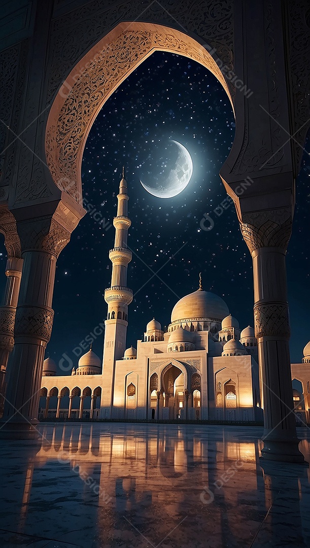 Padrão bela mesquita islâmica espaço vazio noite luzes da lua
