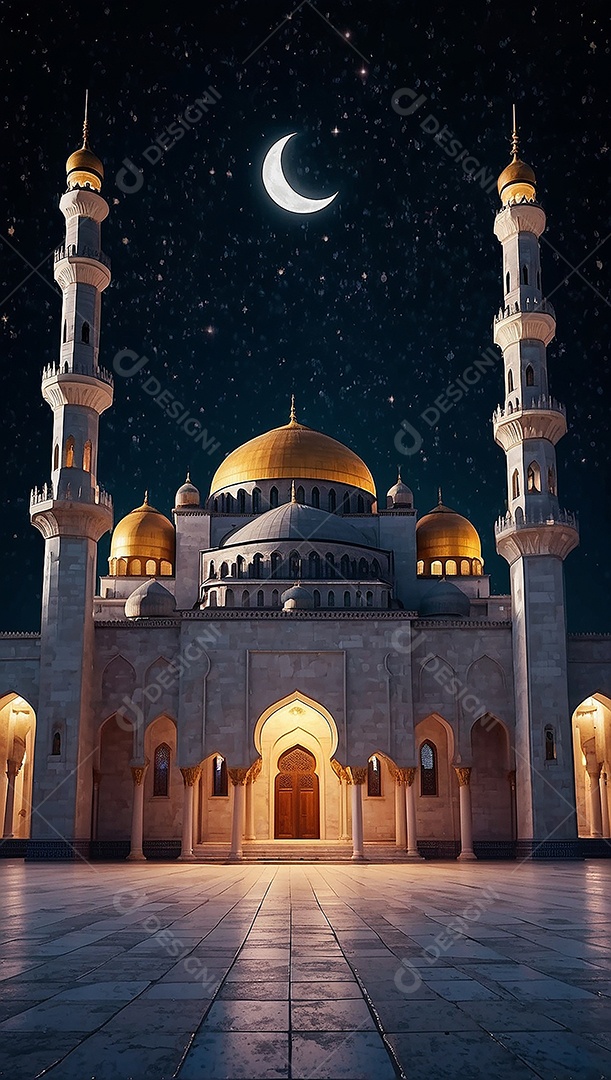 Padrão bela mesquita islâmica espaço vazio noite luzes da lua