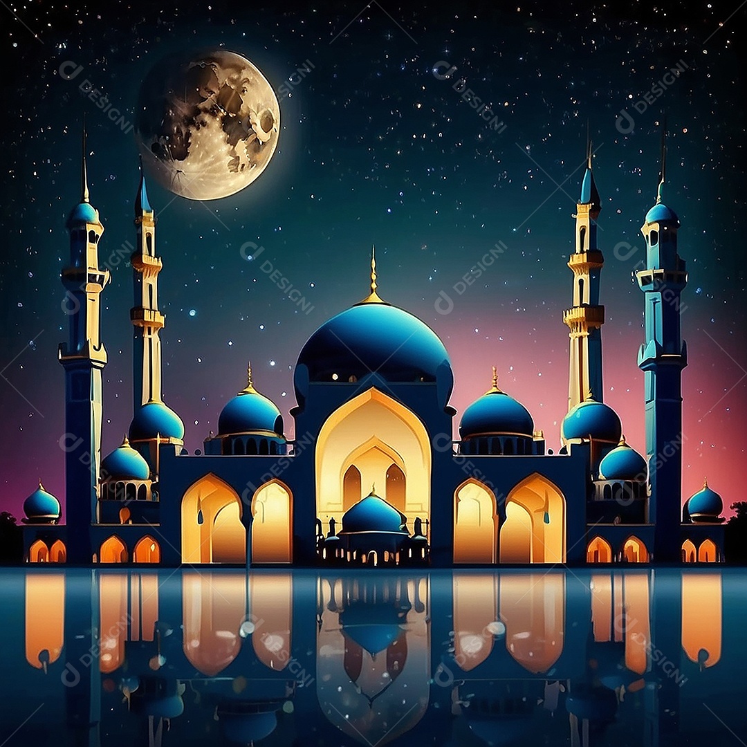 Padrão bela mesquita islâmica espaço vazio noite luzes da lua