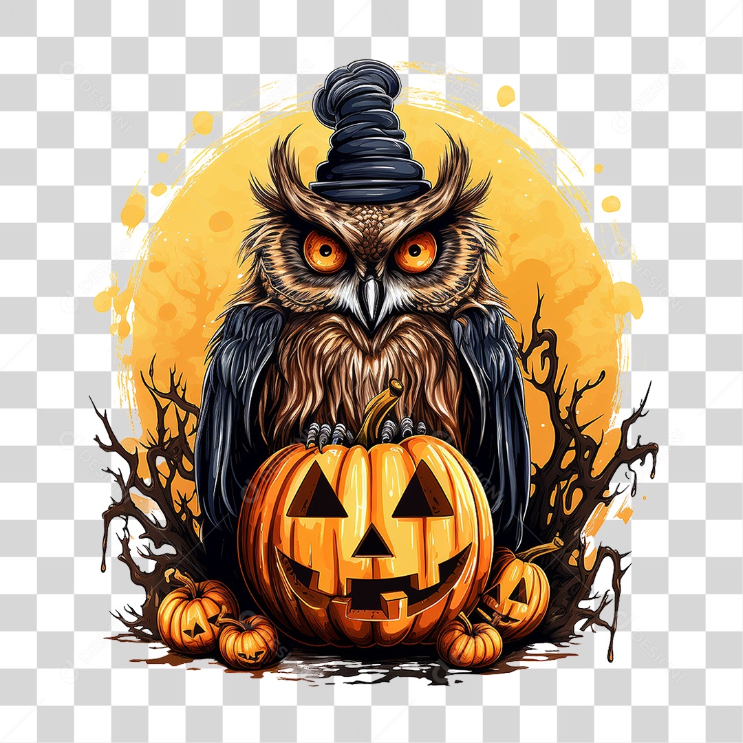 Abóbora com Coruja Halloween PNG Transparente
