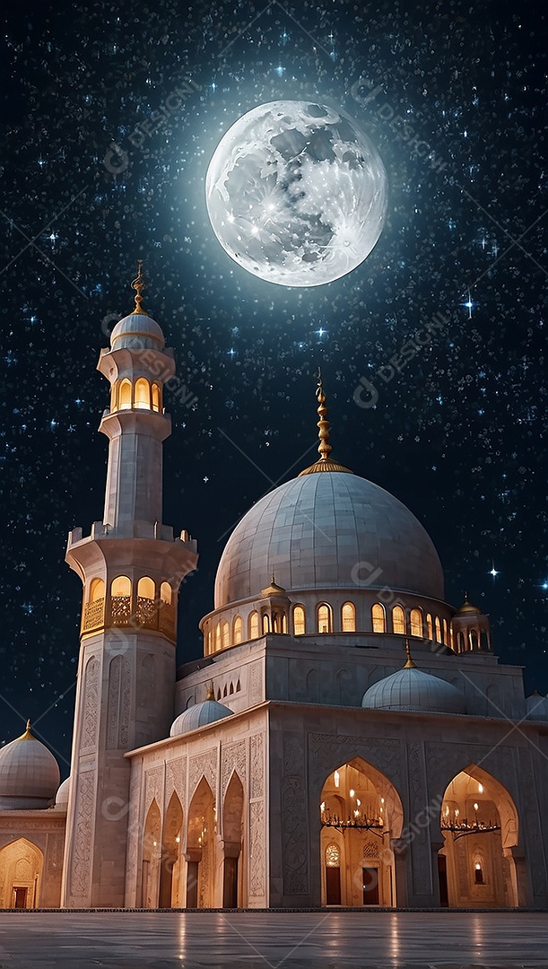 Padrão bela mesquita islâmica espaço vazio noite luzes da lua