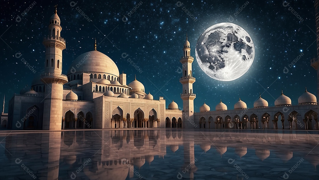 Padrão bela mesquita islâmica espaço vazio noite luzes da lua