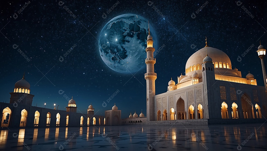 Padrão bela mesquita islâmica espaço vazio noite luzes da lua