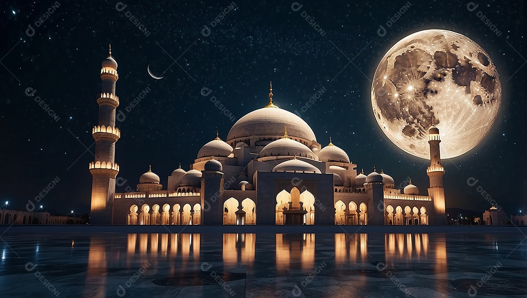 Padrão bela mesquita islâmica espaço vazio noite luzes da lua