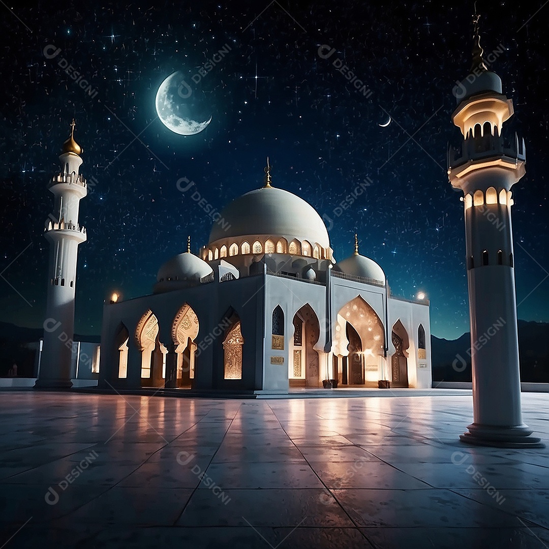 Padrão bela mesquita islâmica espaço vazio noite luzes da lua
