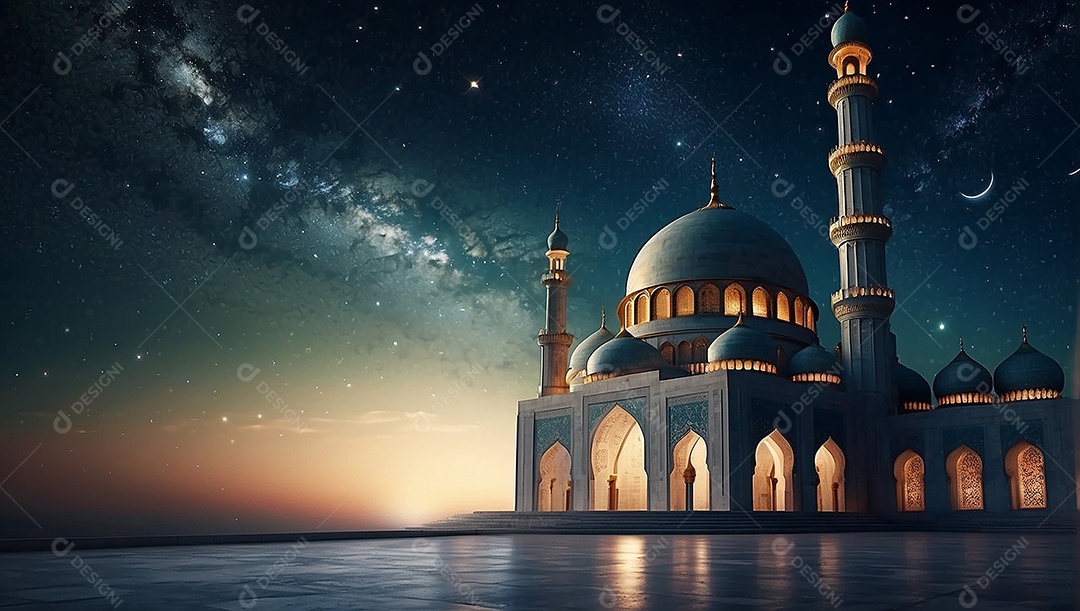 Padrão bela mesquita islâmica espaço vazio noite luzes da lua