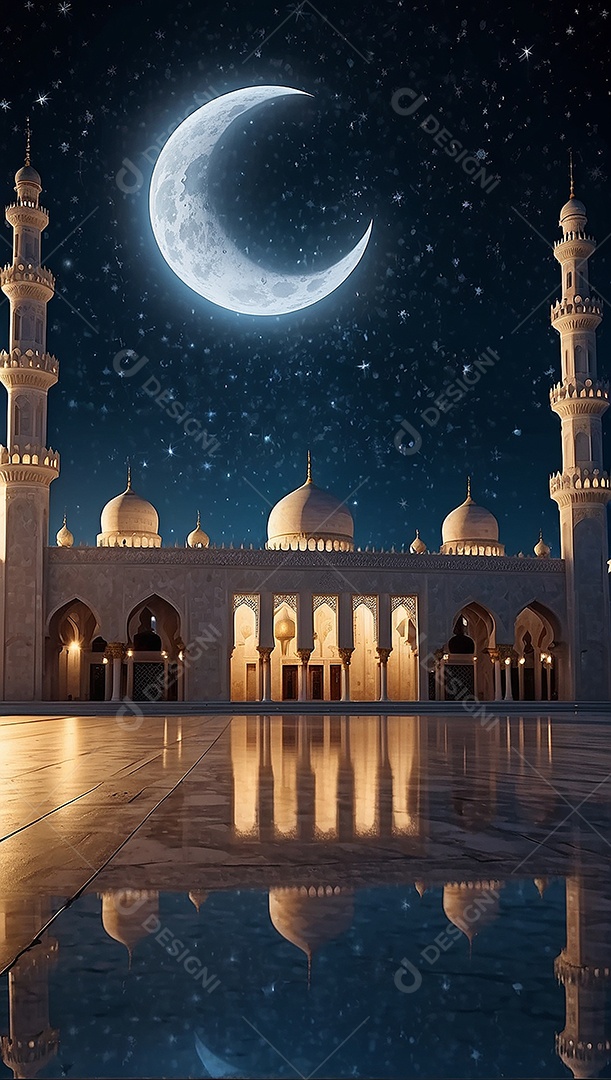 Padrão bela mesquita islâmica espaço vazio noite luzes da lua