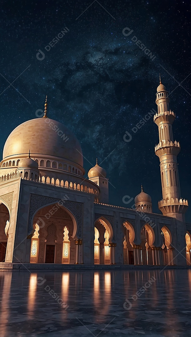Padrão bela mesquita islâmica espaço vazio noite luzes da lua