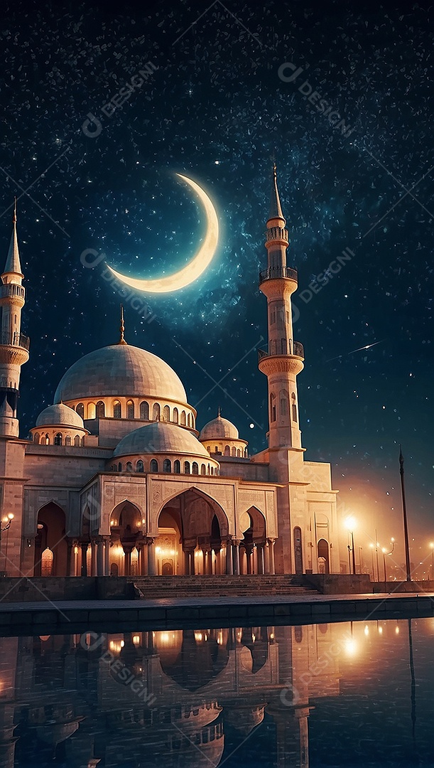Padrão bela mesquita islâmica espaço vazio noite luzes da lua