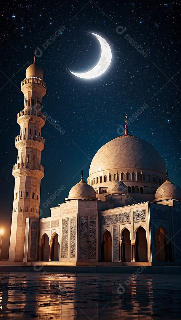 Padrão bela mesquita islâmica espaço vazio noite luzes da lua