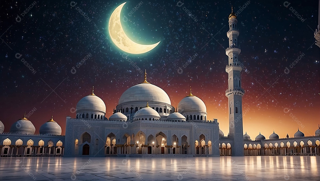 Padrão bela mesquita islâmica espaço vazio noite luzes da lua