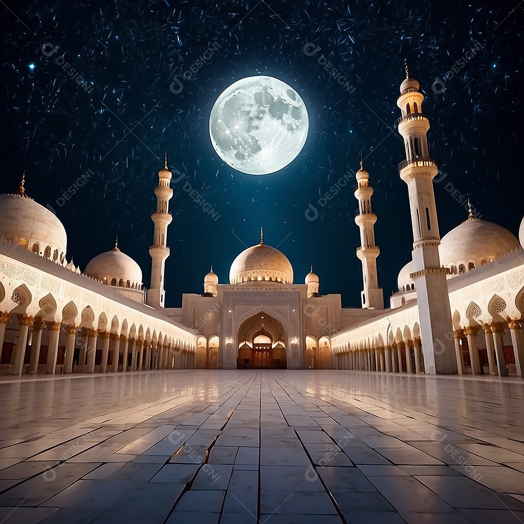 Bela mesquita islâmica espaço vazio noite luzes da lua