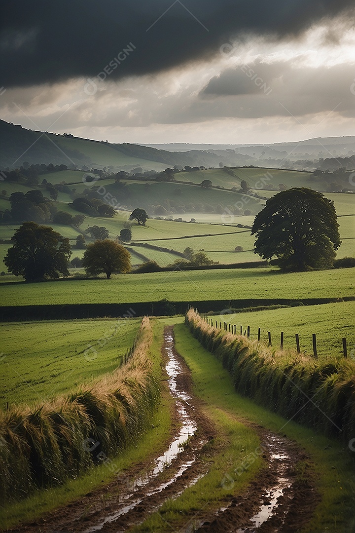 Retrato de um campo tranquilo com colinas