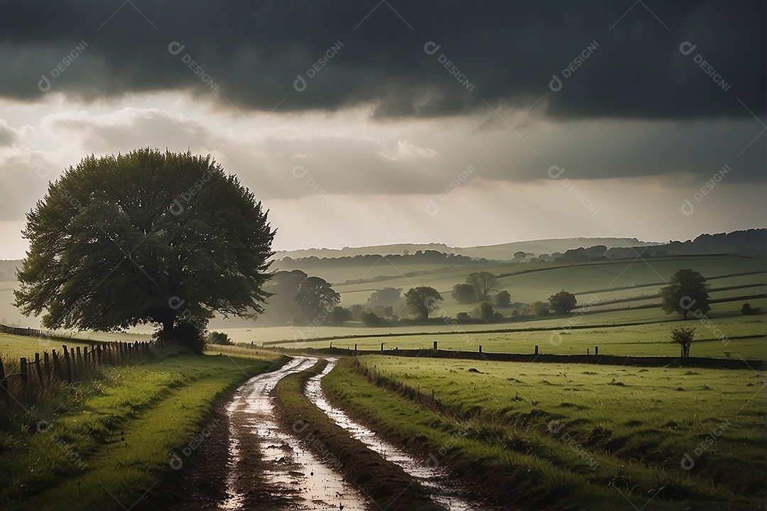 Retrato de um campo tranquilo com colinas