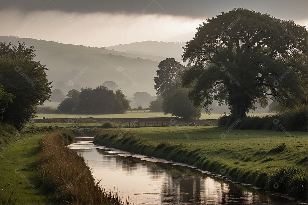 Retrato de um campo tranquilo com colinas
