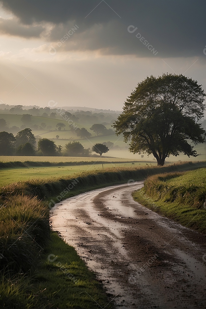 Retrato de um campo tranquilo com colinas