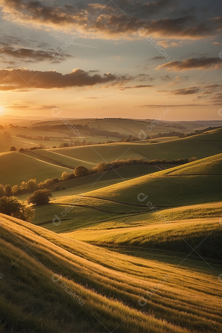 Retrato de um campo tranquilo com colinas