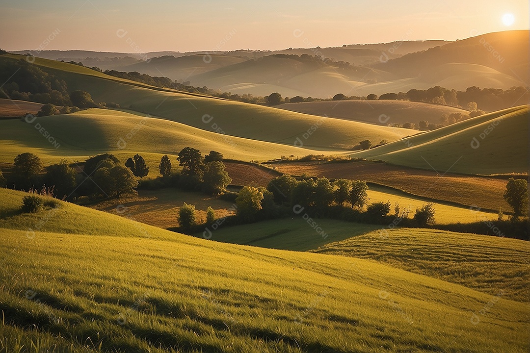 Retrato de um campo tranquilo com colinas
