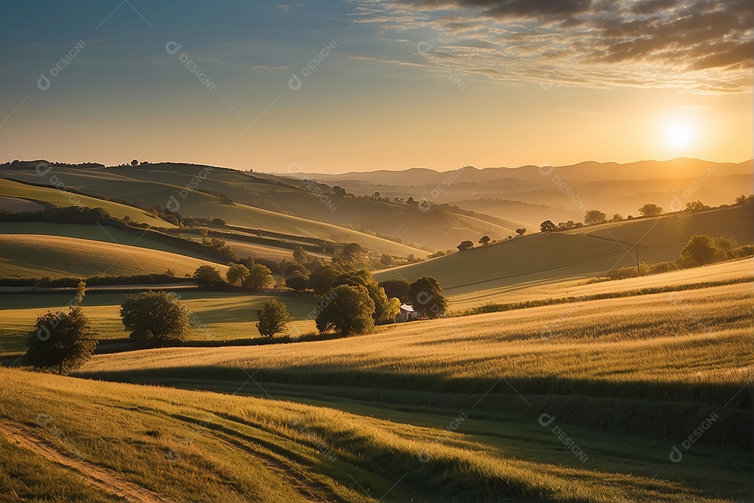 Retrato de um campo tranquilo com colinas