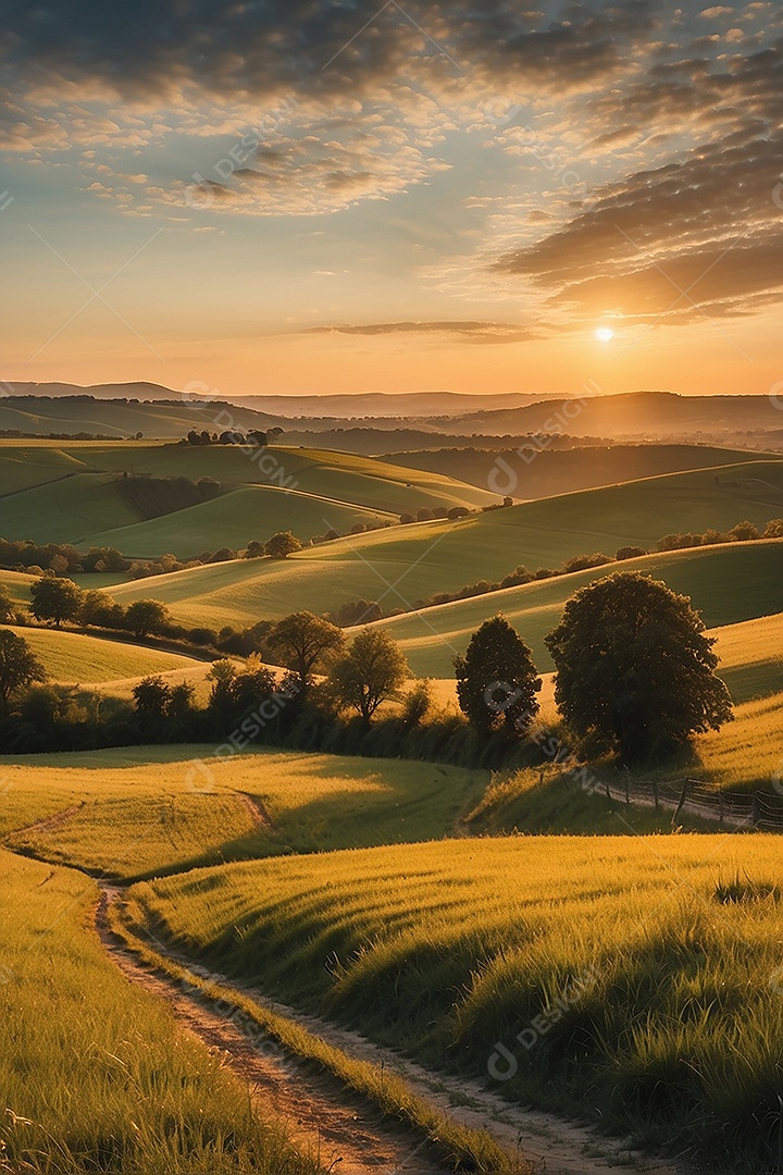 Retrato de um campo tranquilo com colinas
