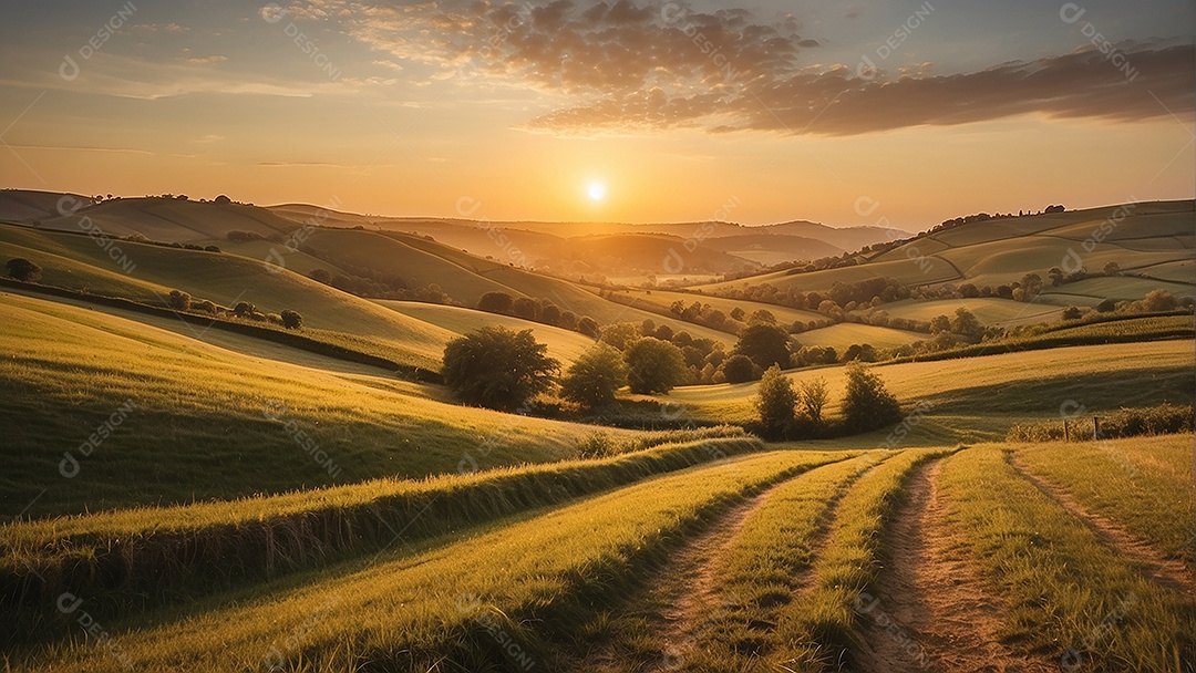 Retrato de um campo tranquilo com colinas