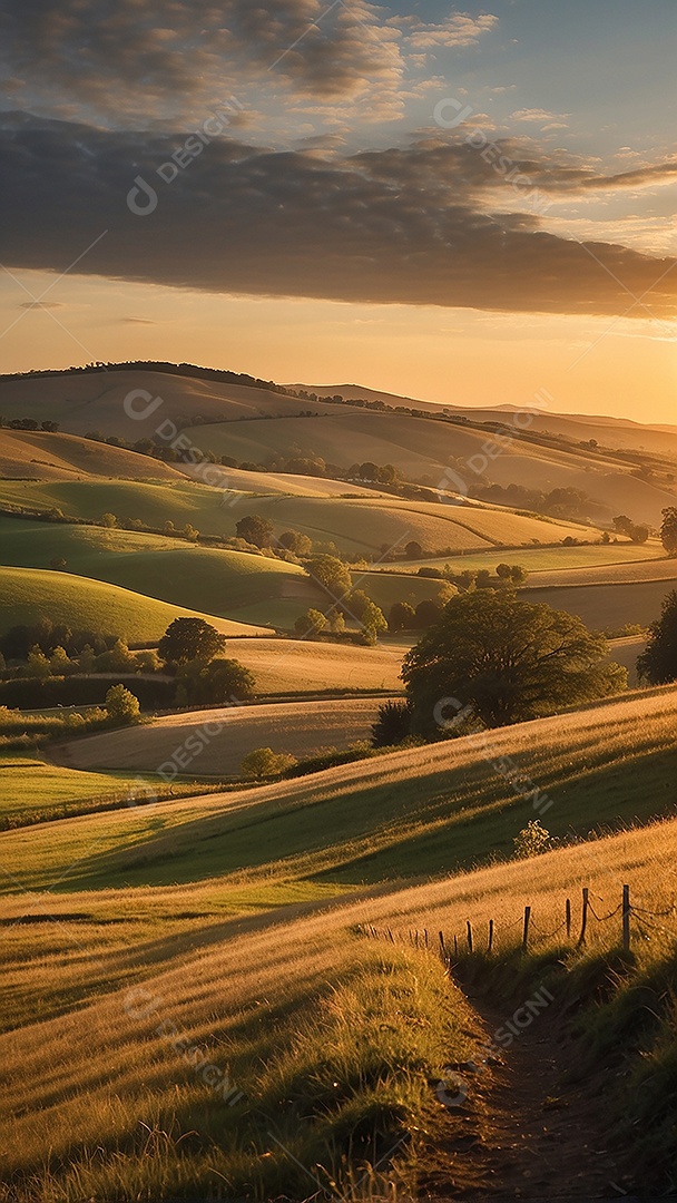 Retrato de um campo tranquilo com colinas