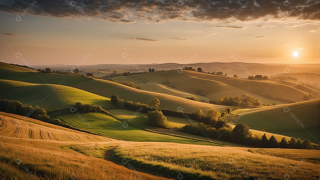 Retrato de um campo tranquilo com colinas