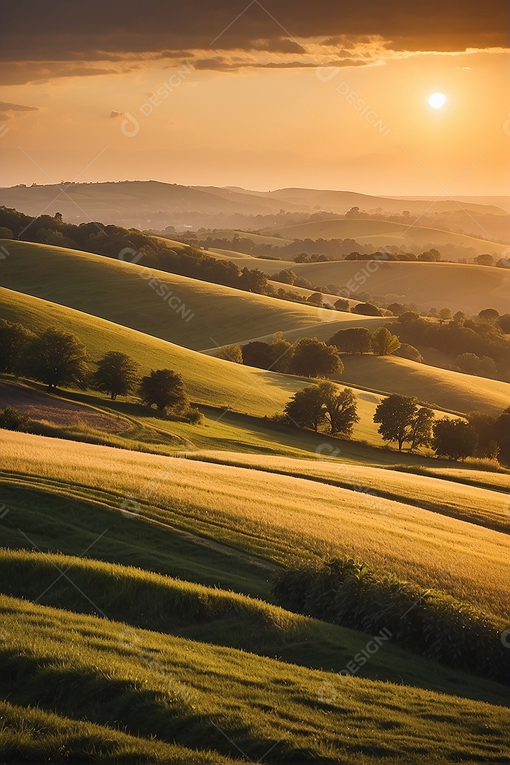 Retrato de um campo tranquilo com colinas