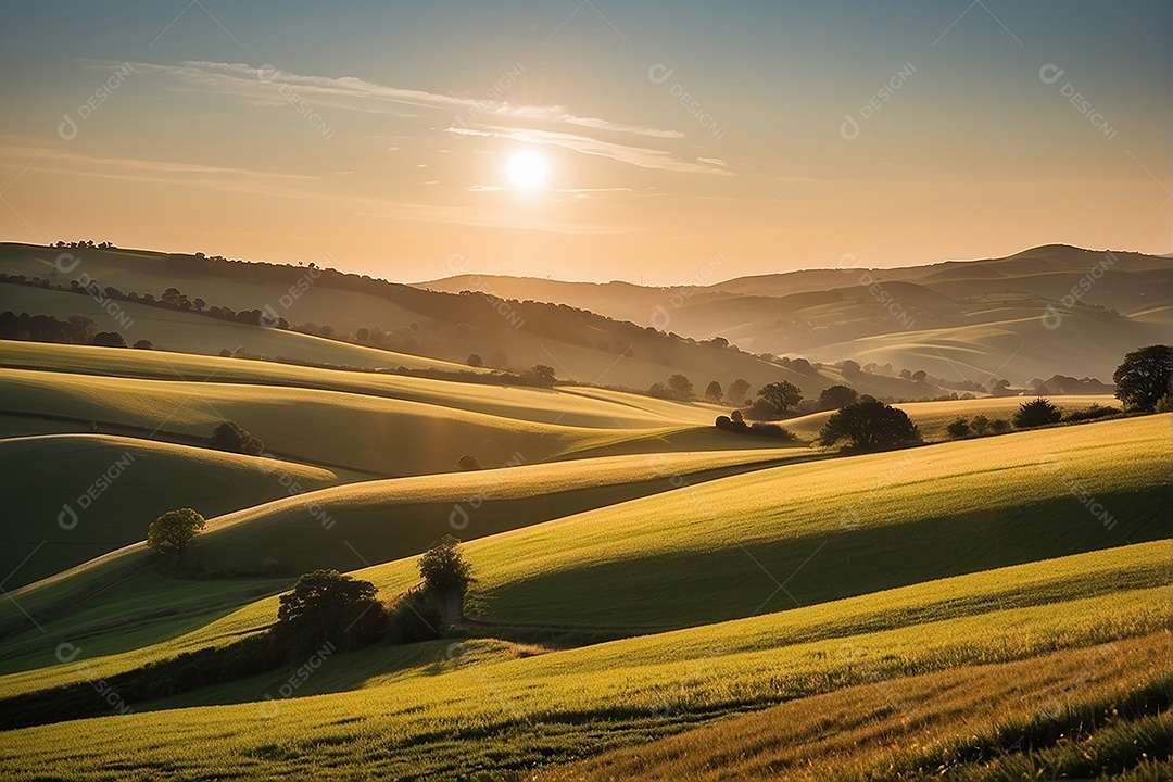 Retrato de um campo tranquilo com colinas