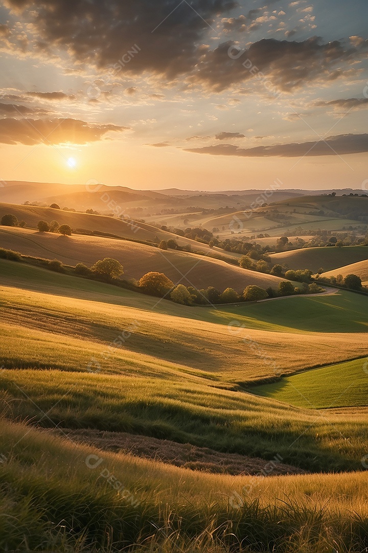 Retrato de um campo tranquilo com colinas