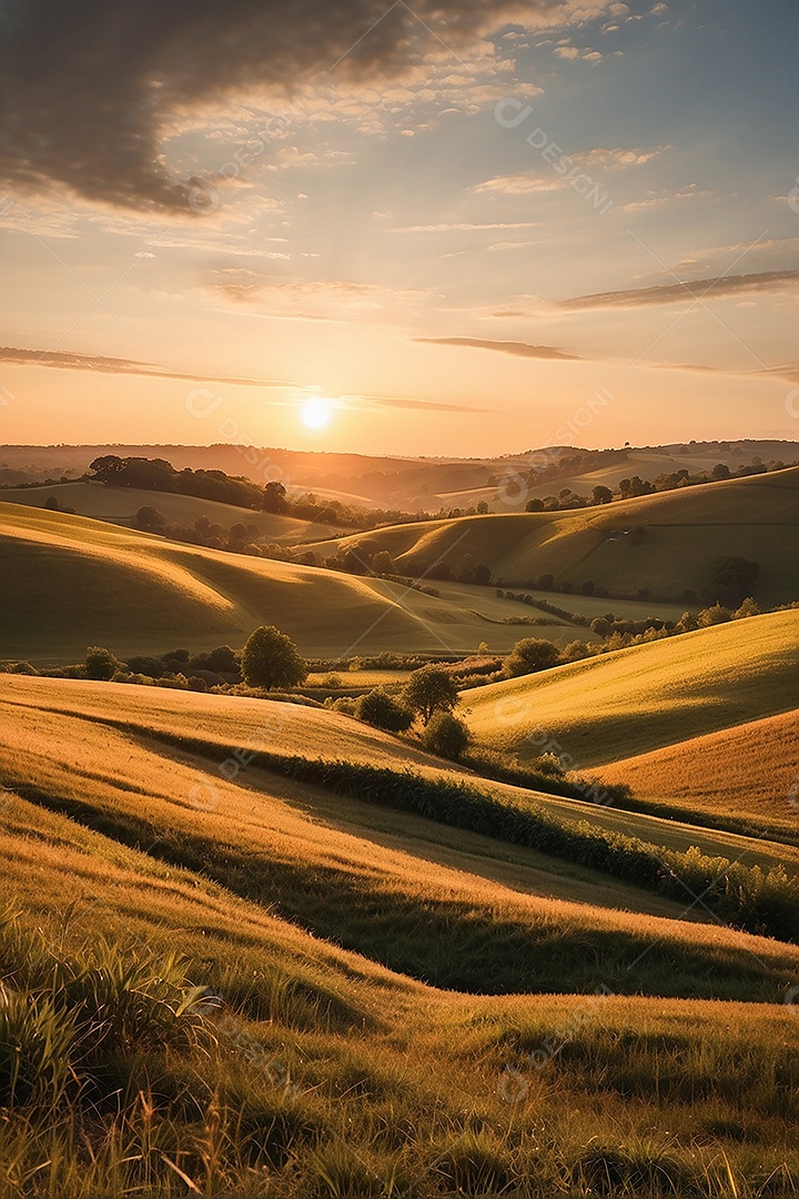 Retrato de um campo tranquilo com colinas
