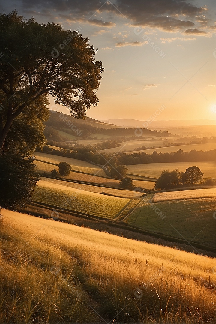 Retrato de um campo tranquilo com colinas