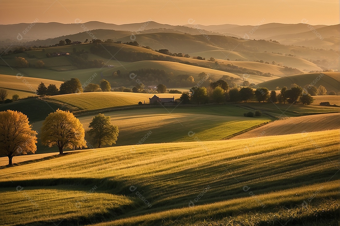 Retrato de um campo tranquilo com colinas