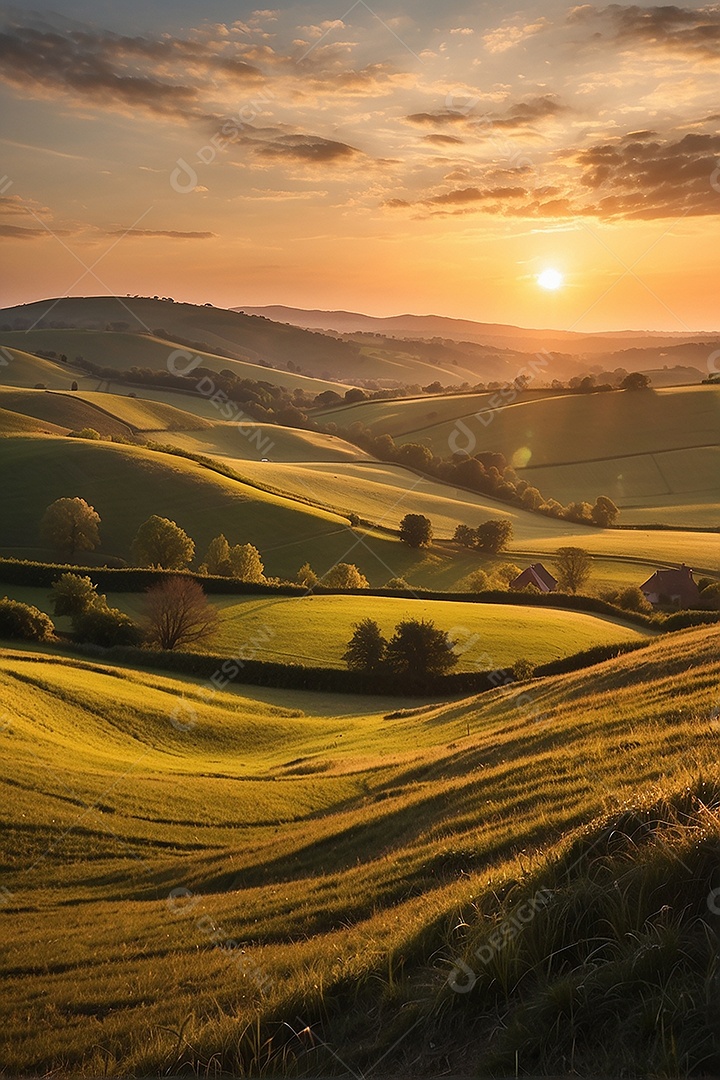 Retrato de um campo tranquilo com colinas