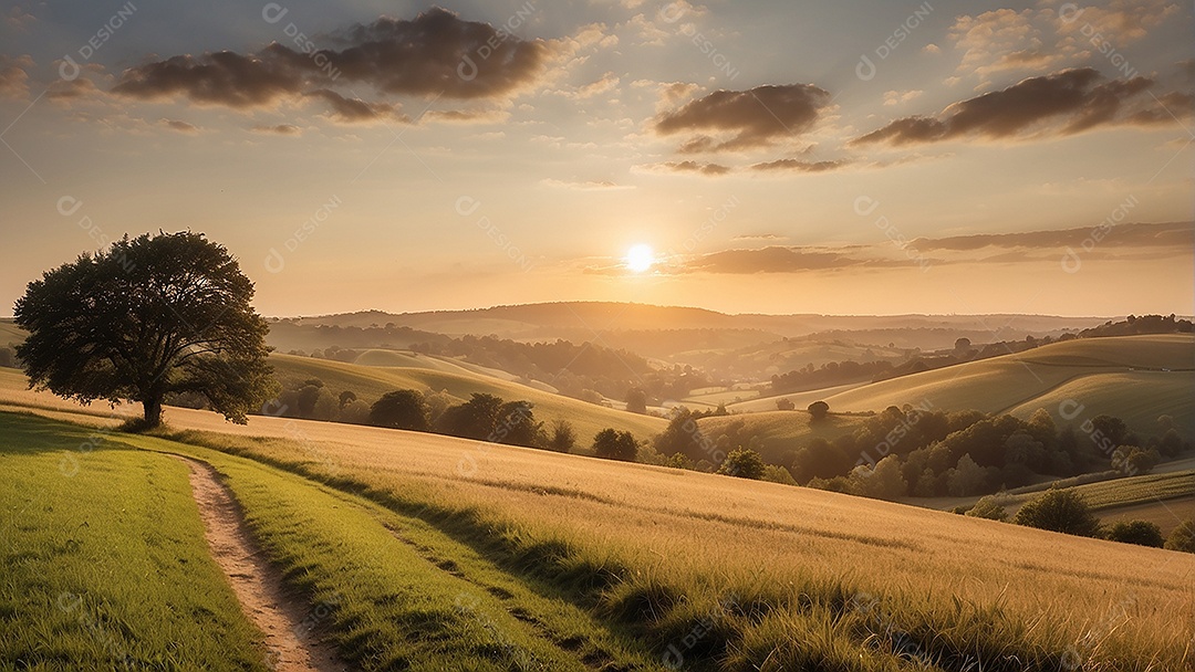 Retrato de um campo tranquilo com colinas