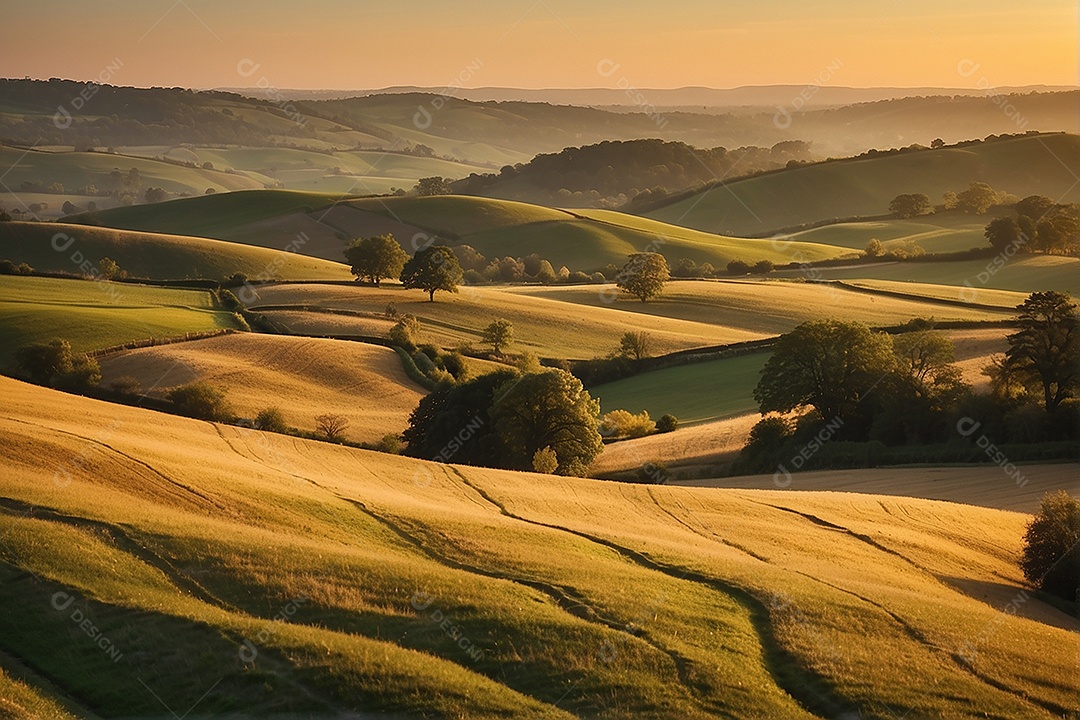 Retrato de um campo tranquilo com colinas