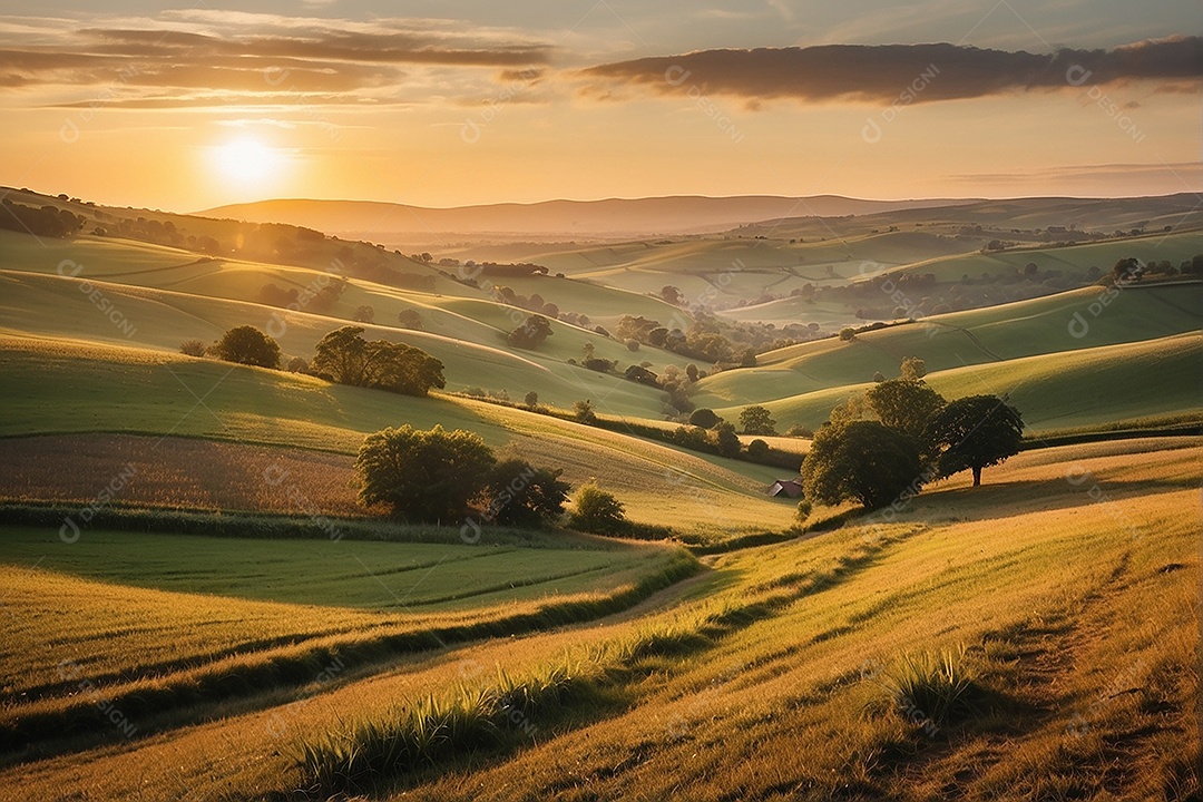 Retrato de um campo tranquilo com colinas