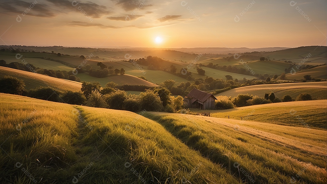 Retrato de um campo tranquilo com colinas