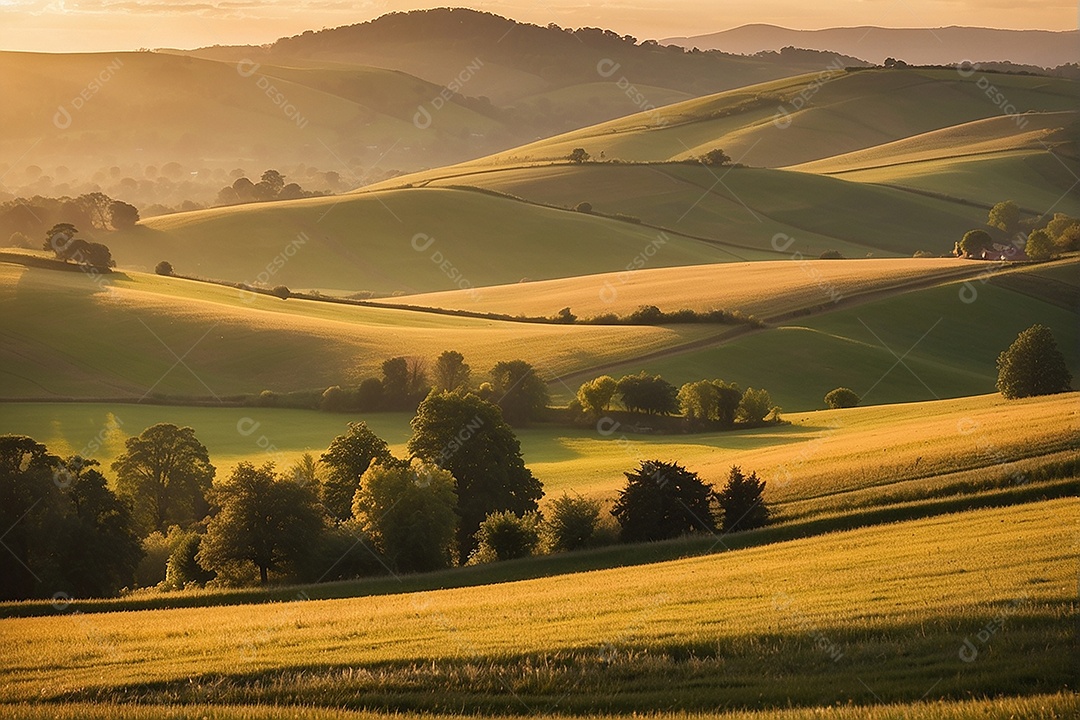 Retrato de um campo tranquilo com colinas