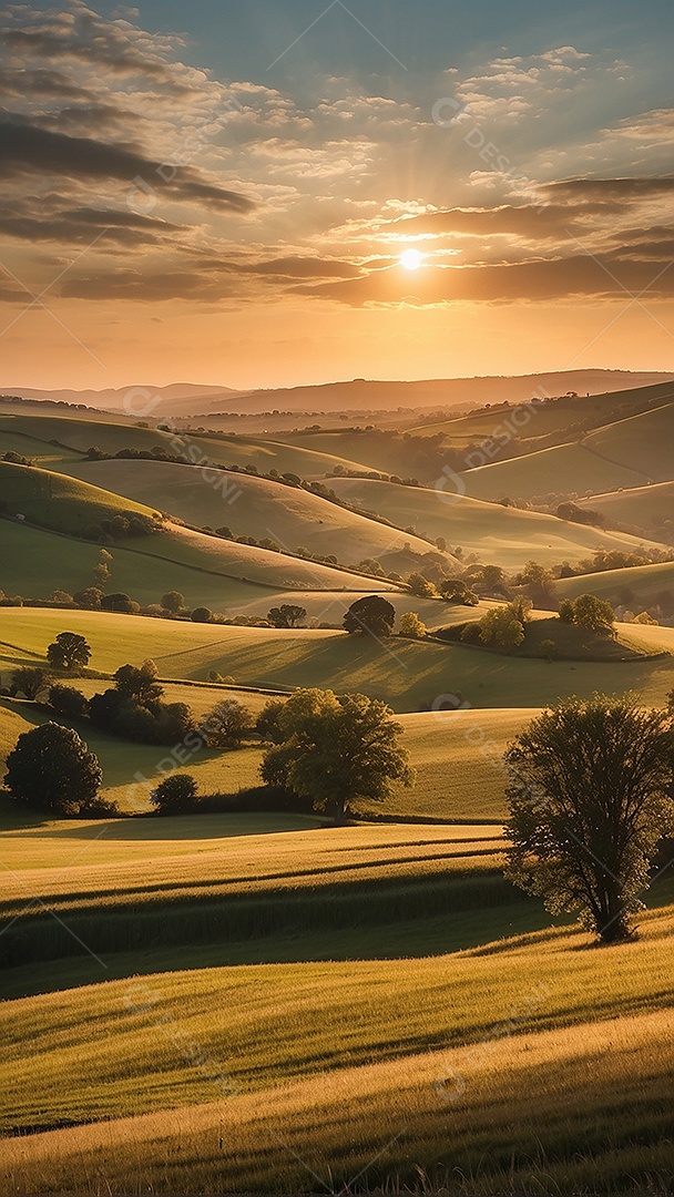 Retrato de um campo tranquilo com colinas