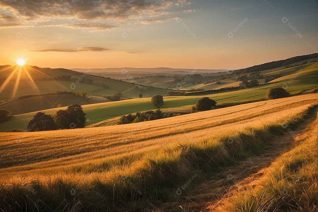Retrato de um campo tranquilo com colinas