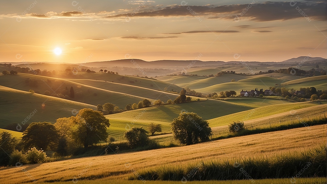 Retrato de um campo tranquilo com colinas