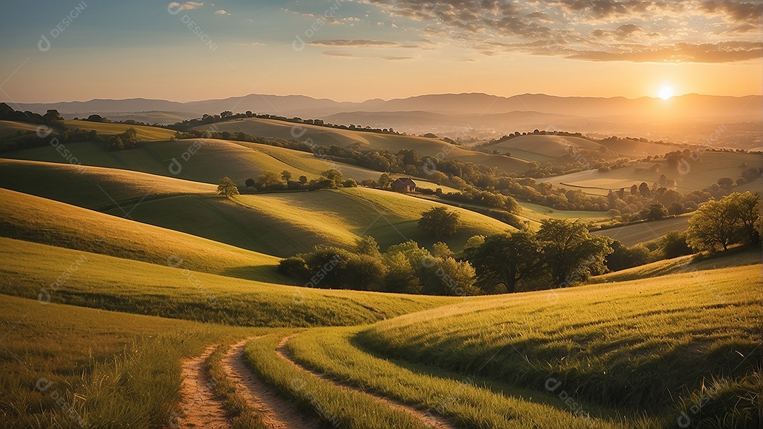 Retrato de um campo tranquilo com colinas