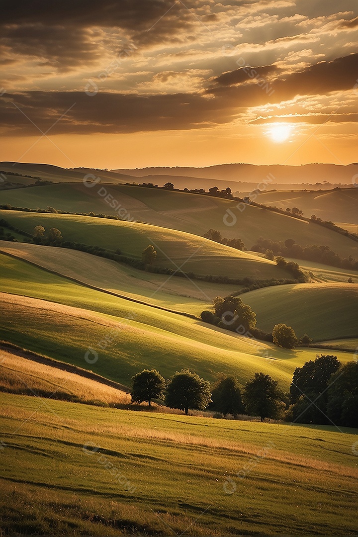 Retrato de um campo tranquilo com colinas