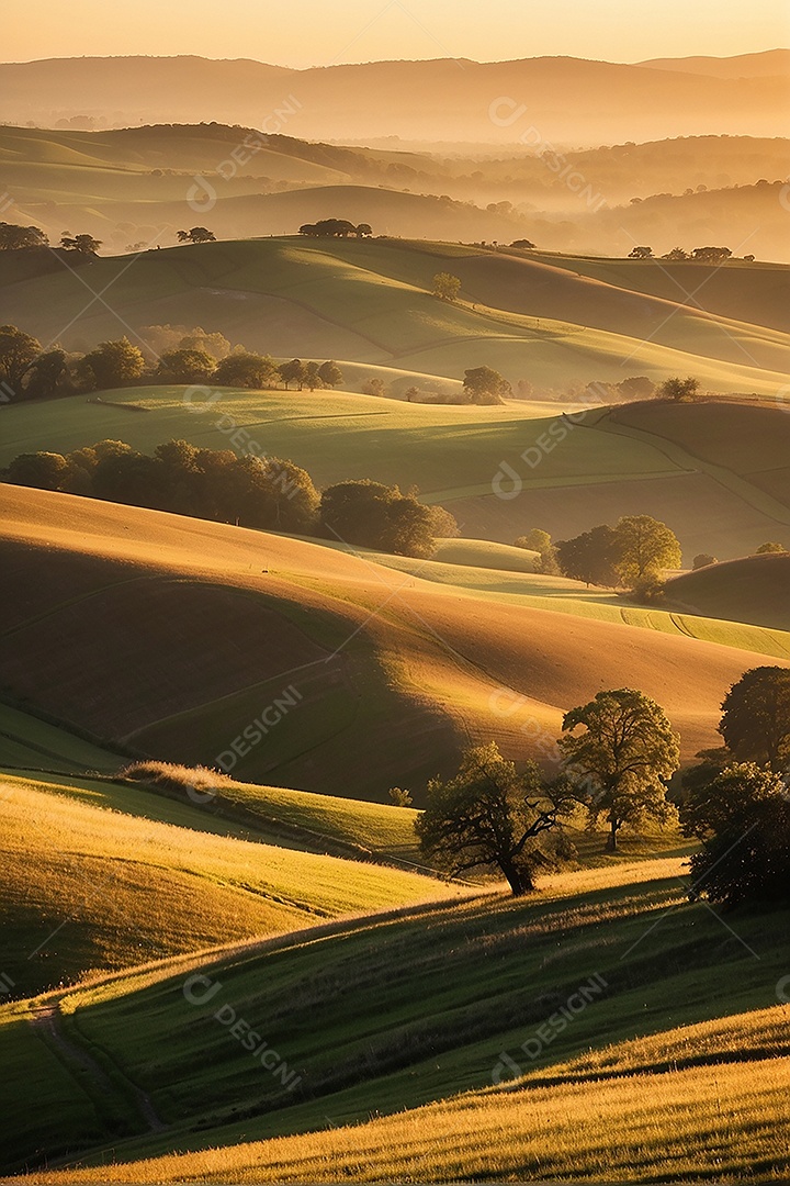 Retrato de um campo tranquilo com colinas