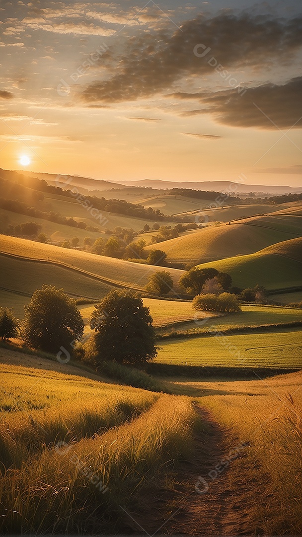 Retrato de um campo tranquilo com colinas