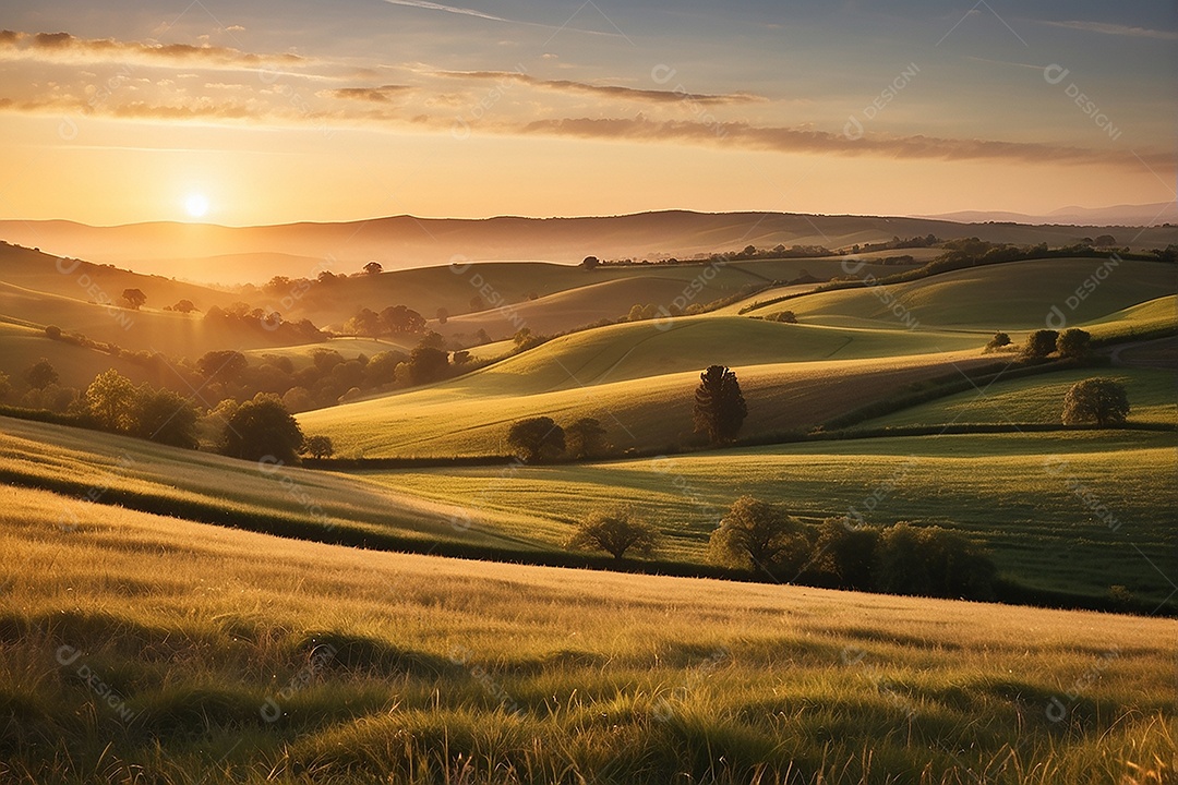 Retrato de um campo tranquilo com colinas