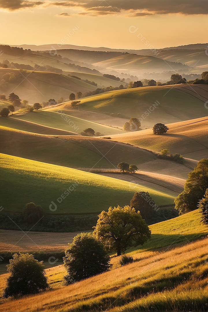 Retrato de um campo tranquilo com colinas